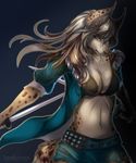  2016 anthro belt black_background breasts brown_fur brown_hair brown_nose canine clothed clothing english_text feline female fur hair hybrid jacket katana leokatana long_hair looking_at_viewer lynx mammal melee_weapon multicolored_hair navel purple_eyes simple_background solo spots sword text two_tone_hair weapon white_hair wolf 