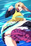  blonde_hair buruma fugakuhyakkei hair_ribbon kawakami_mai kicking long_hair musaigen_no_phantom_world panties pantyshot purple_eyes ribbon side_ponytail skirt solo sweater_vest thighs underwear 