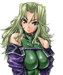  amania_orz bare_shoulders breasts collar green_eyes green_hair lamia_loveless large_breasts long_hair simple_background smile solo super_robot_wars super_robot_wars_original_generation white_background 