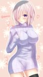  blush breasts dress fate/grand_order fate_(series) hair_over_one_eye highres large_breasts looking_at_viewer mash_kyrielight purple_eyes ribbed_sweater short_hair sleeves_past_wrists solo sweater sweater_dress tanaji thighhighs zettai_ryouiki 