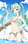  1girl aqua_hair bad_id bad_pixiv_id bangs bikini blue_eyes blue_sky breasts cloud collarbone cowboy_shot day drooling eyelashes groin hair_ornament hair_ribbon halterneck hand_on_hip hatsune_miku highres holding holding_towel long_hair medium_breasts n2co number ocean open_mouth palm_tree poke_ball_symbol pokemon ribbon sky snapping_fingers solo sparkle stomach string_bikini striped striped_bikini summer swimsuit tattoo towel tree twintails underboob vocaloid wading water_drop 