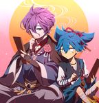  bandages blue_eyes blue_hair calligraphy_brush cimeri flower highres indian_style japanese_clothes kasen_kanesada leg_wrap male_focus multiple_boys paintbrush ponytail purple_hair sayo_samonji sitting smile touken_ranbu 