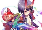  alcohol bangs blunt_bangs breasts cup eyebrows eyeshadow fate/grand_order fate_(series) furisuku gourd horns japanese_clothes kimono liquid looking_at_viewer makeup oni oni_horns open_clothes open_kimono purple_eyes purple_hair revealing_clothes sakazuki sake shuten_douji_(fate/grand_order) simple_background small_breasts smile solo thick_eyebrows white_background 