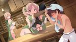  2girls :d ahoge antenna_hair bare_shoulders bent_over bikini blonde_hair blush breasts brown_eyes brown_gloves brown_hair cape chair closed_eyes covered_nipples dutch_angle elbow_gloves elf front-tie_top gloves green_bikini hair_ornament hanging_breasts hood inari_(inariya) indoors jpeg_artifacts kitchen lamp large_breasts long_hair multiple_girls nipples open_mouth original pants pointy_ears protected_link shirtless short_hair side-tie_bikini sidelocks smile swimsuit table teapot towel twintails wet wiping 