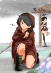  &gt;:) androgynous bangs bare_shoulders black_eyes black_gloves black_hair crossed_arms flower gloves highres holding holding_sword holding_weapon kantai_collection kodachi kunai looking_at_viewer looking_to_the_side miniskirt mogami_(kantai_collection) multiple_girls one_knee open_mouth overcast pleated_skirt pose rain raincoat remodel_(kantai_collection) scarf sendai_(kantai_collection) short_hair short_sword single_thighhigh skirt smile smug standing standing_on_one_leg swept_bangs sword tama_(seiga46239239) thighhighs translated v-shaped_eyebrows weapon white_scarf 