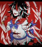  anaglyph bad_id bad_pixiv_id black_nails blood bloody_clothes bloody_hands bracelet deep_wound directional_arrow dress hair_between_eyes horns injury jewelry kijin_seija letterboxed looking_at_viewer multicolored_hair nail_polish patterned_background red_background red_eyes red_hair ribbon-trimmed_collar ribbon_trim sheya shiny shiny_hair short_hair smile solo streaked_hair teeth tongue tongue_out touhou white_dress white_hair 