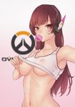  armpits bluefield blush breasts brown_eyes brown_hair bubble_blowing chewing_gum clothes_pull covered_nipples d.va_(overwatch) eyebrows eyebrows_visible_through_hair facial_mark groin headphones highres logo long_hair looking_at_viewer medium_breasts navel nipples overwatch reaching_out self_shot solo sweat underboob whisker_markings 