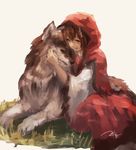  ;d animal_ears blush brown_eyes brown_hair closed_mouth hand_on_another's_face highres hood imaizumi_kagerou kouzuki_kei long_hair lying on_ground on_stomach one_eye_closed open_mouth sitting smile touhou white_background wolf 