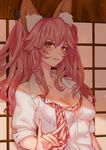  against_door animal_ears arm_at_side black_bow blush bow breasts brown_eyes cleavage collarbone collared_shirt diagonal_stripes fate/extella fate/extra fate_(series) fox_ears hair_bow heart jacky5493 large_breasts long_hair long_sleeves looking_at_viewer necktie no_bra parted_lips pink_hair pink_lips red_neckwear saliva seductive_smile shirt sliding_doors smile solo striped striped_neckwear tamamo_(fate)_(all) tamamo_no_mae_(fate) upper_body wavy_hair white_shirt wing_collar 