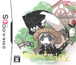  1girl blush_stickers brand_name_imitation bucket cero chibi commentary cover game_cover goma_(gomasamune) hat hoe holding kantai_collection looking_at_viewer parody purple_eyes re-class_battleship revision rune_factory scarf seal shimakaze_(kantai_collection) shimakaze_(seal) shinkaisei-kan short_hair silver_hair straw_hat tail translated 
