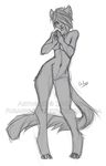  anthro breasts featureless_breasts featureless_crotch feline female hair hair_over_eye leopard looking_at_viewer mammal nude pandora_(artist) simple_background sketch smile solo standing white_background 