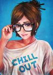 absurdres brown_eyes brown_hair casual chopsticks exposed_shoulder glasses holding holding_glasses looking_at_viewer mei_(overwatch) monori_rogue oversized_clothes oversized_shirt overwatch portrait shirt smile solo t-shirt tied_hair 