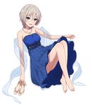  :d anastasia_(idolmaster) bare_legs bare_shoulders barefoot blue_dress blue_eyes blush collarbone dress full_body highres holding holding_shoes idolmaster idolmaster_cinderella_girls jewelry looking_at_viewer necklace open_mouth shoes shoes_removed short_hair silver_hair simple_background smile solo strapless strapless_dress white_background yahiro_(epicopeiidae) 