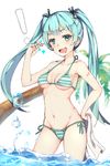  1girl aqua_hair bad_id bad_pixiv_id bangs bikini blue_eyes blue_sky breasts collarbone drooling eyelashes groin hair_ornament hair_ribbon halterneck hand_on_hip hatsune_miku highres holding holding_towel long_hair medium_breasts n2co number ocean open_mouth palm_tree poke_ball_symbol pokemon revision ribbon sky snapping_fingers solo sparkle stomach string_bikini striped striped_bikini summer swimsuit tattoo towel tree twintails underboob vocaloid wading water_drop white_background 
