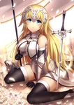  arm_support armor armored_dress bangs between_legs black_gloves black_legwear blonde_hair blue_eyes blurry blush breasts bu_li chain depth_of_field dress fate/apocrypha fate/grand_order fate_(series) faulds flag floor flower fur_trim gauntlets gloves glowing hand_between_legs headpiece holding jeanne_d'arc_(fate) jeanne_d'arc_(fate)_(all) jewelry large_breasts long_hair looking_at_viewer on_floor parted_lips petals planted_sword planted_weapon sitting sleeveless solo sword thighhighs wariza weapon white_flower wind 