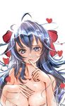  ahoge bare_shoulders blue_eyes blue_hair bow bra breasts cleavage collarbone drawfeeling finger_to_mouth hair_between_eyes hair_bow hand_on_breast hand_on_own_chest heart huge_breasts long_hair looking_at_viewer messy_hair original red_bow simple_background solo strapless strapless_bra underwear upper_body white_background white_bra 