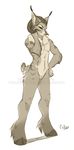  anthro featureless_crotch feline half-closed_eyes looking_at_viewer male mammal nude pandora_(artist) simple_background smile solo standing teeth white_background 