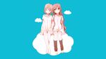  2girls barefoot blush brown_eyes clouds cyan dress long_hair namori original photoshop pink_hair purple_hair red_eyes scan short_hair shoujo_ai 