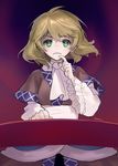  ainy77 bad_id bad_pixiv_id bangs blonde_hair green_eyes mizuhashi_parsee pointy_ears scarf short_hair solo touhou 