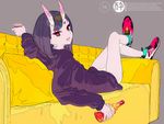  :d absurdres alcohol alternate_costume couch crossed_legs cup drinking_glass engrish eyeliner fang fate/grand_order fate_(series) highres hood hoodie horns kogecha_(coge_ch) looking_at_viewer lying makeup on_back oni oni_horns open_mouth purple_hair ranguage red_eyes shoes short_hair shuten_douji_(fate/grand_order) smile sneakers solo whiskey 