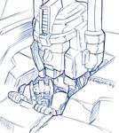  autobot facial_hair kamizono_(spookyhouse) machinery mecha minimus_ambus monochrome mustache no_humans peeking_out robot spoilers transformers twitter_username ultra_magnus upper_body 