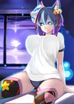  animal_ears bell blue_eyes blue_hair blush breasts buruma floral_print fox_ears gym_uniform highres jacket large_breasts mask original parted_lips shiki_(psychedelic_g2) short_hair sitting smile solo thighhighs track_jacket 