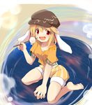  :d animal_ears barefoot blonde_hair brown_hat bunny_ears crop_top dango floppy_ears food full_body hat highres holding looking_at_viewer mukuroi open_mouth orange_shirt red_eyes ringo_(touhou) shirt short_sleeves shorts sitting skewer smile solo striped touhou vertical-striped_shorts vertical_stripes wagashi wariza yellow_shorts 