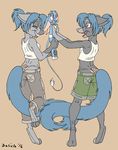  2016 anthro blue_fur blue_hair breasts brown_background canine clothed clothing delisle digo_marrallang dreamkeepers eyes_closed female fur grey_fur group hair indi_marrallang indigo_marrallang male mammal midriff pink_nose shirt simple_background tail_tuft tank_top tongue tongue_out tuft whip_(dreamkeepers) 