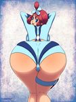  ass backboob blue_eyes blush breasts cameltoe from_above from_behind fuuro_(pokemon) gloves gym_leader hair_ornament huge_ass large_breasts layerth looking_at_viewer looking_back nintendo open_mouth pokemon pokemon_bw red_hair shiny shiny_hair shiny_skin short_hair short_shorts shorts smile solo thigh_strap top-down_bottom-up 