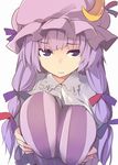  bow breast_squeeze breasts capelet commentary crescent dress hair_bow hair_ribbon hat hat_ribbon implied_paizuri kamukamu_(ars) large_breasts long_hair looking_at_viewer mob_cap patchouli_knowledge purple_bow purple_eyes purple_hair purple_ribbon red_bow red_ribbon ribbon solo striped striped_dress touhou tress_ribbon upper_body wavy_mouth white_background 