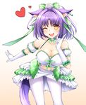  ;d animal_ears arm_garter bangs bare_shoulders blue_bow blush bow breasts cat_ears cat_tail cinnamon_(sayori) cleavage collarbone crop_top detached_collar detached_sleeves ear_clip frills gloves gradient gradient_background green_ribbon hair_intakes hair_ornament hair_ribbon halterneck healther heart highres index_finger_raised large_breasts leaning_forward legs_apart long_hair midriff navel nekopara one_eye_closed open_mouth pantyhose puffy_sleeves purple_hair ribbon short_hair skirt smile solo stomach tail white_gloves white_legwear yellow_eyes 