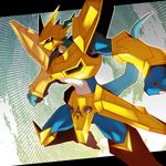  bandai chibi digimon full_armor gold golden_armor helmet magnamon monster muscle no_humans red_eyes royal_knights standing tail weapon 