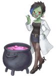  belt black_hair blue_hair bow cauldron clothing colored_nails corruption_of_champions ear_piercing eyewear fan_character female footwear glasses goblin green_skin hair hi_res high_heels humanoid jewelry kangda-nim lab_coat legwear lipstick mammal penelope_redfern piercing potion red_eyes simple_background solo stockings tagme tongue tongue_piercing 