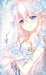  aque_shen_lei bad_id bad_pixiv_id bare_arms blonde_hair blue_eyes blush branch collarbone covering covering_breasts eyes_visible_through_hair flower hair_between_eyes hair_flower hair_ornament hands_on_own_chest long_hair looking_at_viewer original rose smile solo tareme upper_body white_flower white_rose 