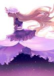  absurdly_long_hair ainy77 artist_name backlighting bad_id bad_pixiv_id blonde_hair dress elbow_sleeve floating_hair from_side hat hat_ribbon layered_dress long_hair mob_cap purple_dress ribbon shiny shiny_hair simple_background sky solo star_(sky) starry_sky touhou very_long_hair white_background white_dress yakumo_yukari 