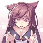  :o animal_ears bangs breasts brooch brown_hair claw_pose cleavage collarbone eyelashes fang fingernails gradient gradient_background imaizumi_kagerou jewelry long_fingernails long_hair long_sleeves looking_at_viewer medium_breasts midorino_eni open_mouth palms paw_print red_eyes sharp_fingernails slit_pupils solo swept_bangs touhou upper_body wolf_ears 