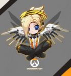  blonde_hair blue_eyes chibi copyright_name english frown hair_over_one_eye highres indian_style mechanical_wings mercy_(overwatch) overwatch pout sharatang sitting solo wings 