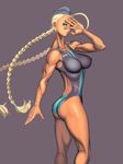  ahoge ass back_cutout bad_anatomy blonde_hair blue_eyes braid breasts cammy_white competition_swimsuit covering_face garrison_cap hat hayakawa_sonchou highres huge_ahoge impossible_clothes kneepits large_breasts long_hair muscle muscular_female one-piece_swimsuit solo street_fighter swimsuit tan twin_braids 