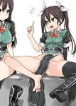  2girls :d asanagi asymmetrical_legwear barefoot black_footwear black_legwear blush boot_removed boots bow bowtie breasts brown_hair buttons chikuma_(kantai_collection) closed_mouth commentary elbow_gloves eyebrows eyebrows_visible_through_hair fang feet gloves green_eyes green_jacket groin groin_tendon hair_between_eyes hair_ribbon highres index_finger_raised jacket kantai_collection knee_boots large_breasts loincloth long_hair multiple_girls no_panties open_mouth pelvic_curtain puffy_short_sleeves puffy_sleeves red_bow red_neckwear remodel_(kantai_collection) ribbon shoes short_sleeves side_slit simple_background single_boot single_elbow_glove single_shoe single_thighhigh sitting smile soles solo_focus spread_legs thighhighs toes tone_(kantai_collection) tooth tsurime twintails white_background white_ribbon 