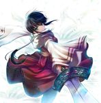  bangs black_hair blue_eyes chinese_clothes closed_mouth floral_background gem headband holding holding_sword holding_weapon kingdom kyoukai_(kingdom) long_hair long_sleeves looking_at_viewer low_ponytail outstretched_arms ponytail sash scarf sidelocks smile solo spread_arms sword weapon white_background wide_sleeves yukiomi_haku 