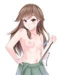  arashio_(kantai_collection) artist_name bangs breasts brown_eyes brown_hair closed_mouth collarbone disco_brando hand_on_hip highres kantai_collection long_hair looking_at_viewer naked_suspenders navel nipples seductive_smile simple_background skirt small_breasts smile solo suspender_skirt suspenders suspenders_pull topless upper_body white_background 