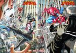  aircraft battle black_hair building cityscape company_name copyright_name crossover epic face_mask fangs helicopter hood hoodie long_hair marvel mask mecha missile multiple_boys multiple_girls multiple_persona murata_yuusuke official_art silk silk_(marvel) spider-gwen spider-man spider-man_(series) spider-woman spider_web superhero 