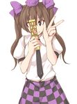  bow brown_eyes brown_hair cellphone cellphone_camera checkered checkered_skirt commentary_request flip_phone hair_bow hat himekaidou_hatate kamukamu_(ars) mirror necktie phone reflection self_shot skirt solo tokin_hat touhou twintails v 