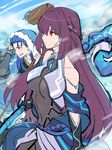  1girl bad_id bad_pixiv_id blue_hair bodysuit braid breasts cape commentary_request covered_navel cu_chulainn_(fate/grand_order) detached_sleeves fate/grand_order fate_(series) highres lancer large_breasts long_hair purple_hair red_eyes scathach_(fate)_(all) scathach_(fate/grand_order) shimo_(s_kaminaka) staff very_long_hair weapon 