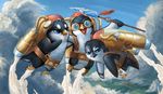  andrea_radeck avian bird brandishing cloudscape eyewear flying goggles group harness holding_object holding_weapon jet_pack looking_at_viewer magic_the_gathering melee_weapon open_mouth parody penguin polearm signature sky spear weapon 