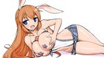  aegis_(nerocc) blue_eyes breast_grab breasts bunny_ears charlotte_e_yeager large_breasts long_hair microskirt miniskirt orange_hair pasties strike_witches 