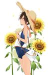  bag breasts brown_eyes brown_hair flower from_side giwa hat highres i-401_(kantai_collection) kantai_collection ponytail profile sailor_collar school_swimsuit short_ponytail small_breasts solo sun_hat sunflower swimsuit swimsuit_under_clothes tan 