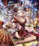  77gl animal_ears anklet bad_id bad_pixiv_id barefoot breasts cleavage detached_sleeves dragon dress erune fan fox_ears fox_tail fur_trim granblue_fantasy grey_eyes jewelry large_breasts long_hair long_sleeves looking_at_viewer night red_dress silver_hair sitting sky socie_(granblue_fantasy) solo tail tatami very_long_hair wariza wide_sleeves 