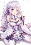  :d absurdres bare_shoulders blue_eyes blush braid breasts cat cleavage closed_eyes detached_sleeves earrings emilia_(re:zero) flower hair_flower hair_ornament hand_in_hair head_tilt heart highres jewelry large_breasts long_hair open_mouth pointy_ears puck_(re:zero) re:zero_kara_hajimeru_isekai_seikatsu silver_hair simple_background sitting skirt smile thighhighs u_rin very_long_hair wariza white_background white_legwear 