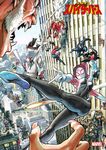  aircraft battle black_hair building cityscape company_name copyright_name crossover epic face_mask fangs helicopter hood hoodie long_hair marvel mask mecha multiple_boys multiple_girls multiple_persona murata_yuusuke official_art silk silk_(marvel) spider-gwen spider-man_(series) spider_web superhero 